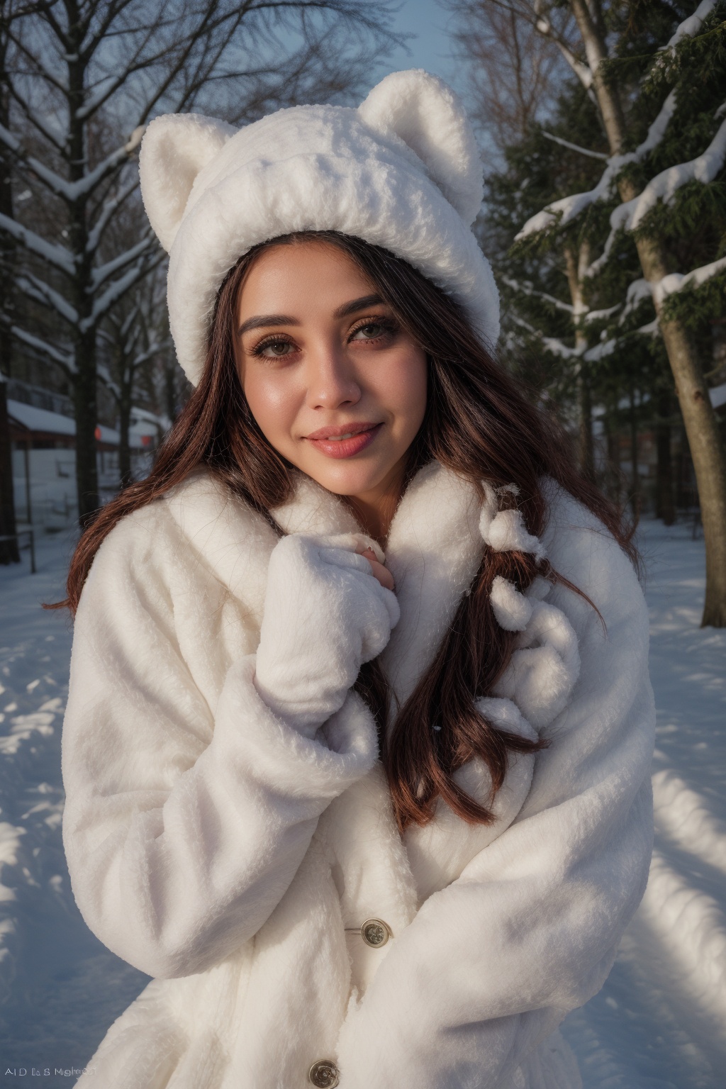 smile,  beautiful woman,  heavy winter coat on Tensor.Art