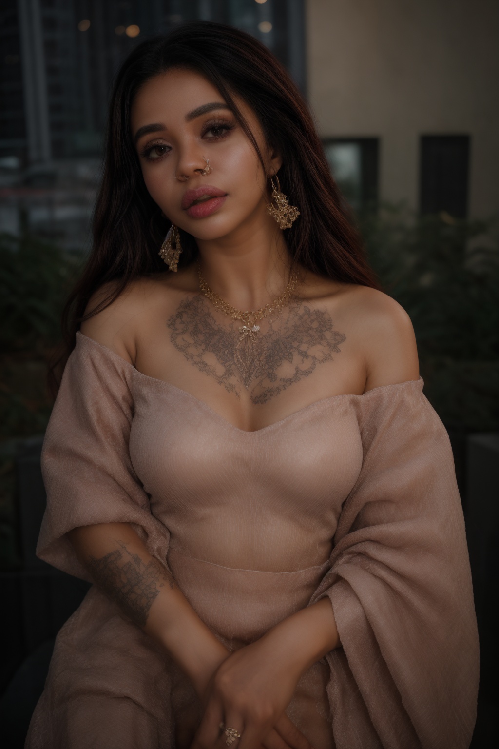 A stunning young woman of African and European descent poses against the vibrant cityscape,  her oval face illuminated by...