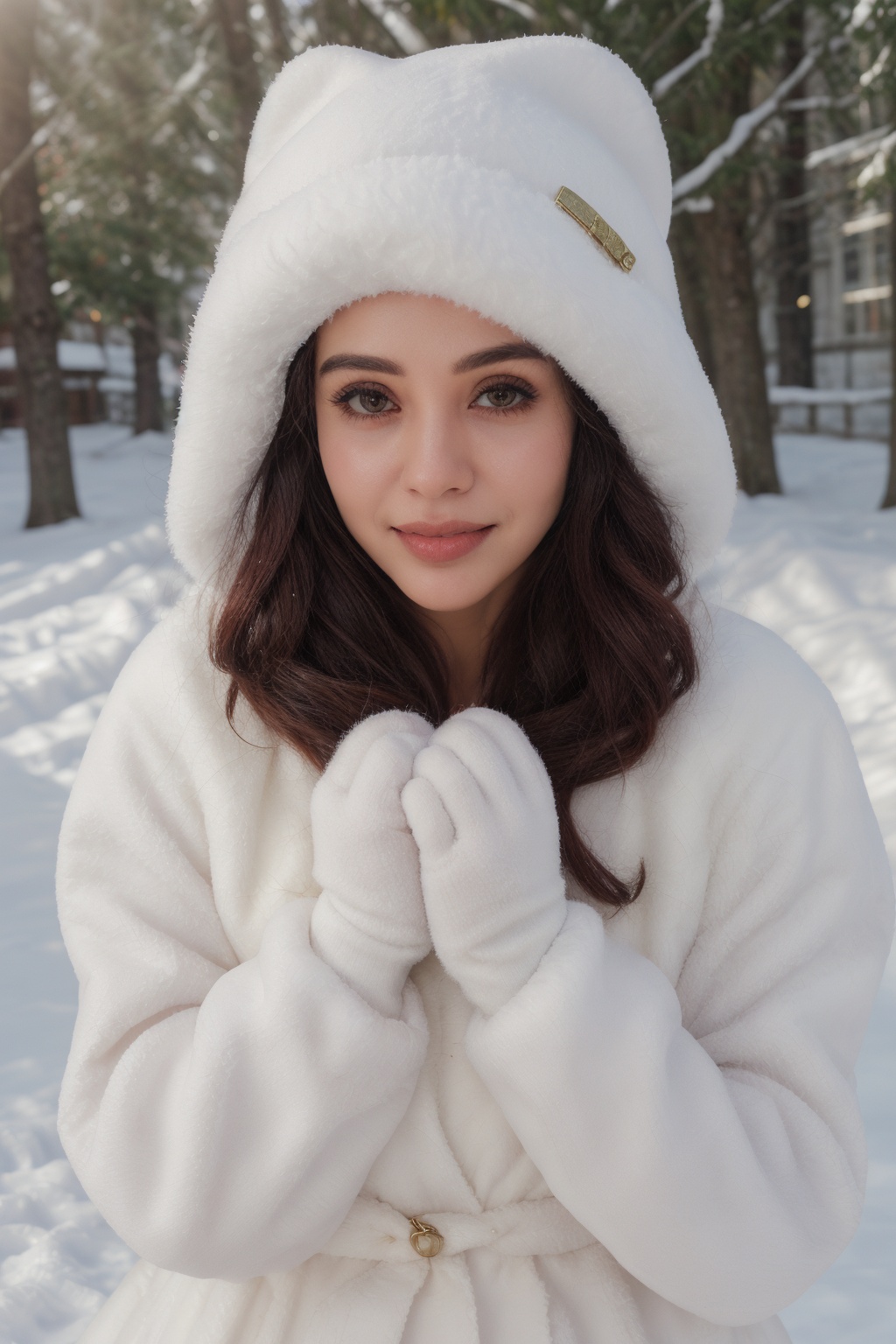smile,  beautiful woman,  heavy winter coat on Tensor.Art