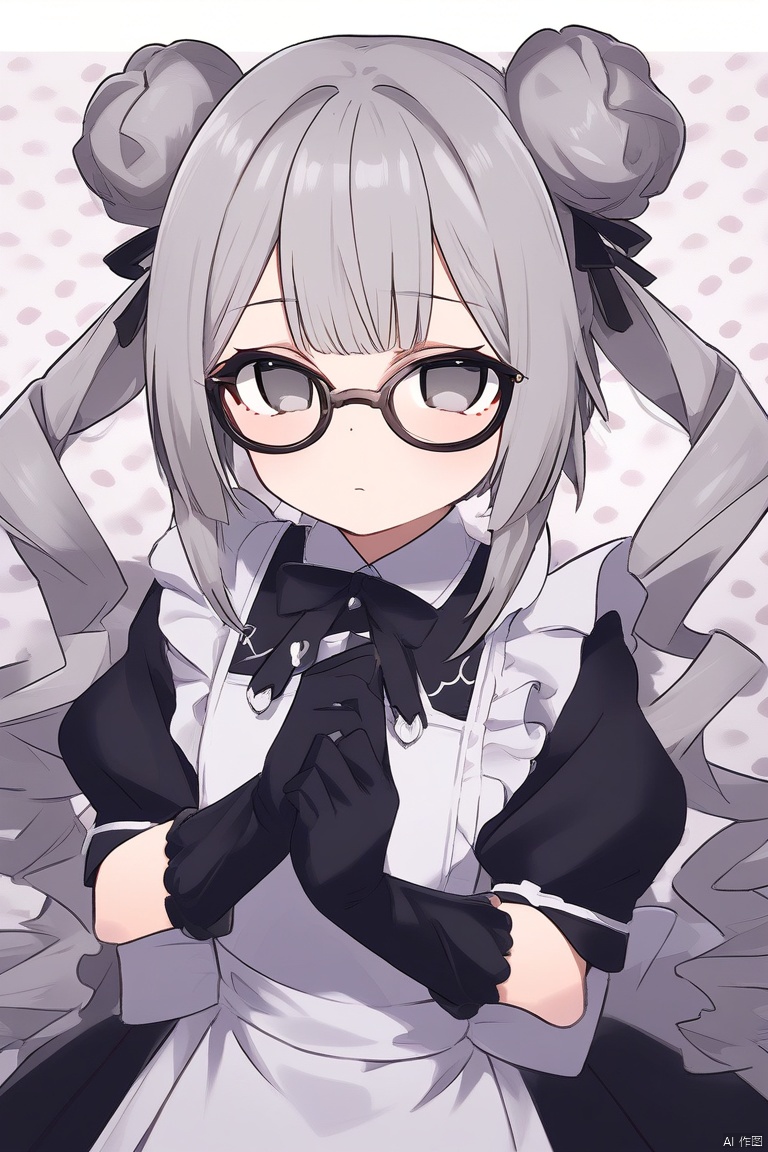 杰作,1girl, bangs, black_gloves, braid, double_bun, dress, glasses, gloves, grey_eyes, horns, long_hair, looking_at_viewer, sheep_horns, solo
,kka