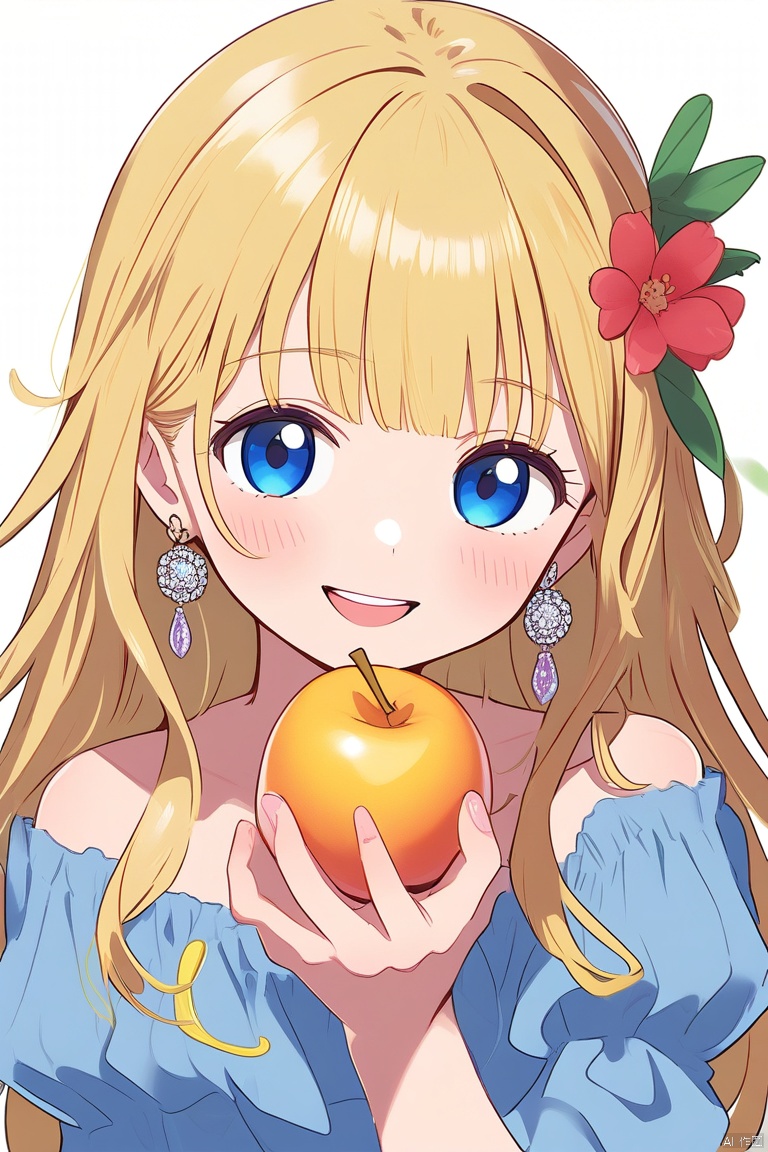 杰作,最高质量,1girl, blonde hair, long hair, earrings, solo, jewelry, holding, frills, blue eyes, upper body, looking at viewer, flower, fruit, food, holding food, frilled shirt, plant, shirt, white background, weibo username, simple background, blue shirt, holding fruit, smile, collarbone, yellow background, weibo logo, leaf, aqua shirt, bare shoulders
,kka