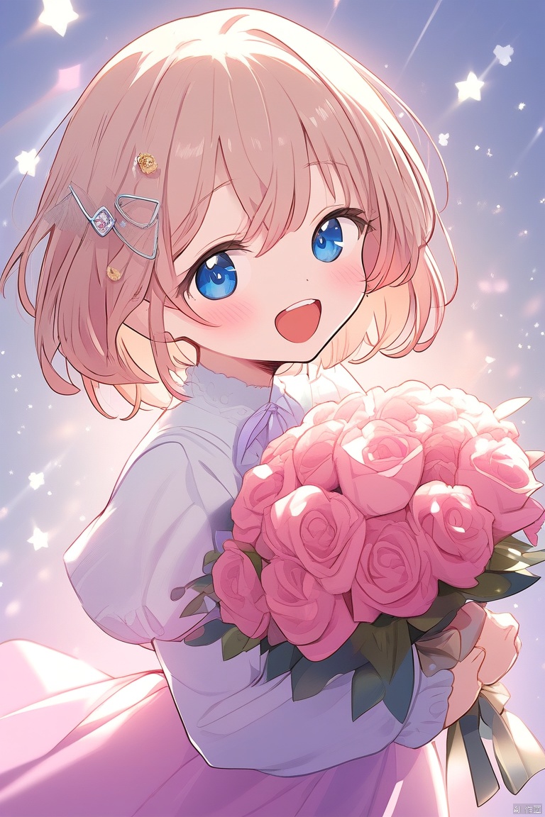 杰作,1girl, :d, bangs, blue_eyes, bouquet, bow, dress, earrings, flower, holding, holding_bouquet, holding_flower, jewelry, light_particles, looking_at_viewer, looking_back, open_mouth, pink_flower, rose, short_hair, smile, solo, star_\(sky\), starry_sky
,kka