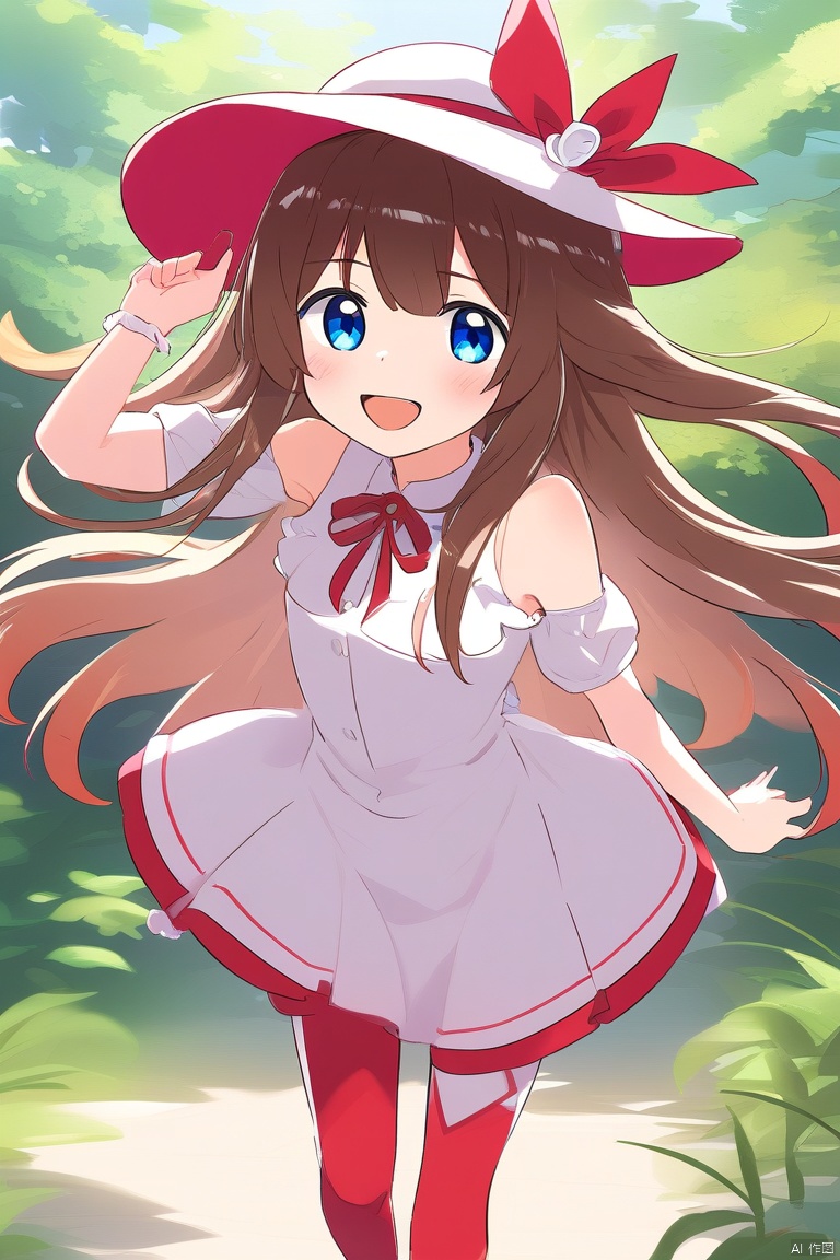 杰作,最高质量,1girl, blue_eyes, brown_hair, dress, full_body, hat, long_hair, looking_at_viewer, off_shoulder, red_legwear, smile, solo, sun_hat, thighhighs, white_dress, white_headwear
,kka