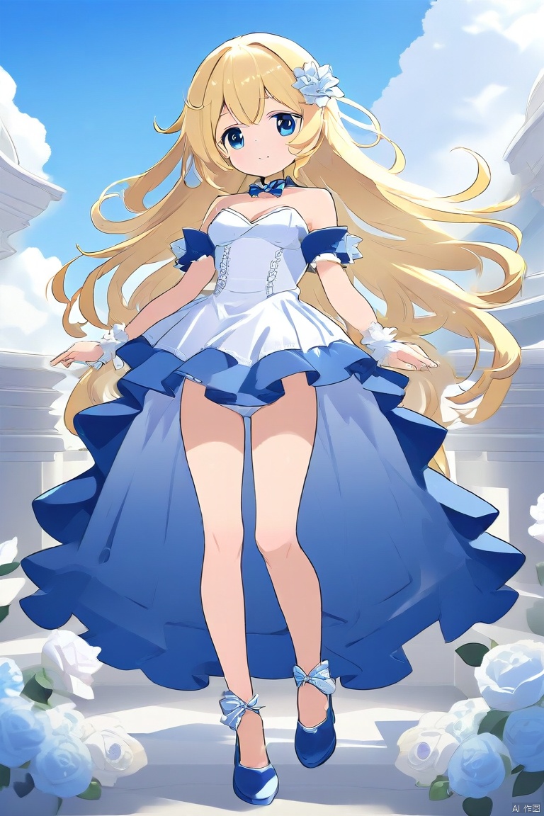 杰作,1girl, bangs, bare_shoulders, blonde_hair, blue_bow, blue_flower, blue_ribbon, blue_rose, blue_sky, bow, breasts, cleavage, closed_mouth, cloud, dress, eyebrows_visible_through_hair, flower, frills, full_body, gloves, hair_ornament, hat, holding, layered_dress, long_hair, looking_at_viewer, medium_breasts, petals, pink_flower, pink_rose, purple_flower, purple_rose, ribbon, rose, sky, smile, solo, strapless_dress, very_long_hair, wedding_dress, white_dress, white_gloves
,kka