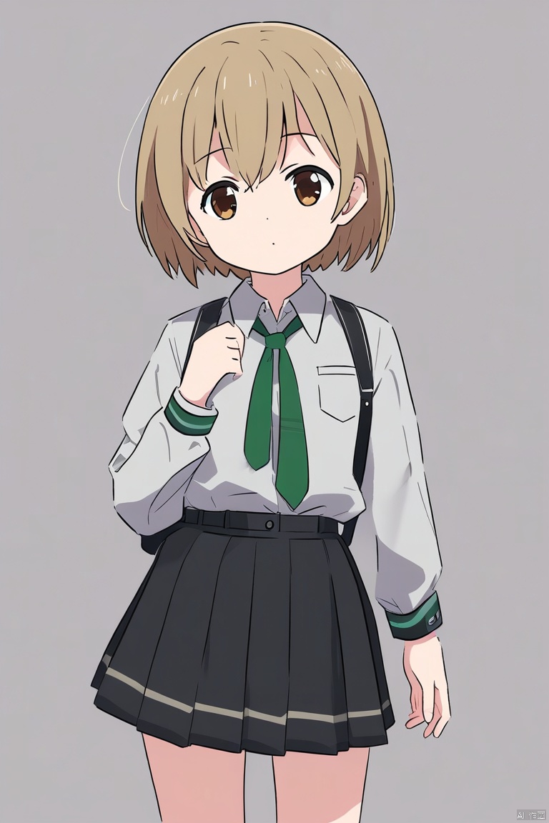 杰作,1girl, bangs, black_necktie, black_skirt, collared_shirt, green_necktie, grey_background, light_brown_hair, long_sleeves, looking_at_viewer, nail_polish, necktie, parted_lips, pleated_skirt, shirt, short_hair, simple_background, skirt, solo, standing, sweater, white_shirt, wing_collar
,kka