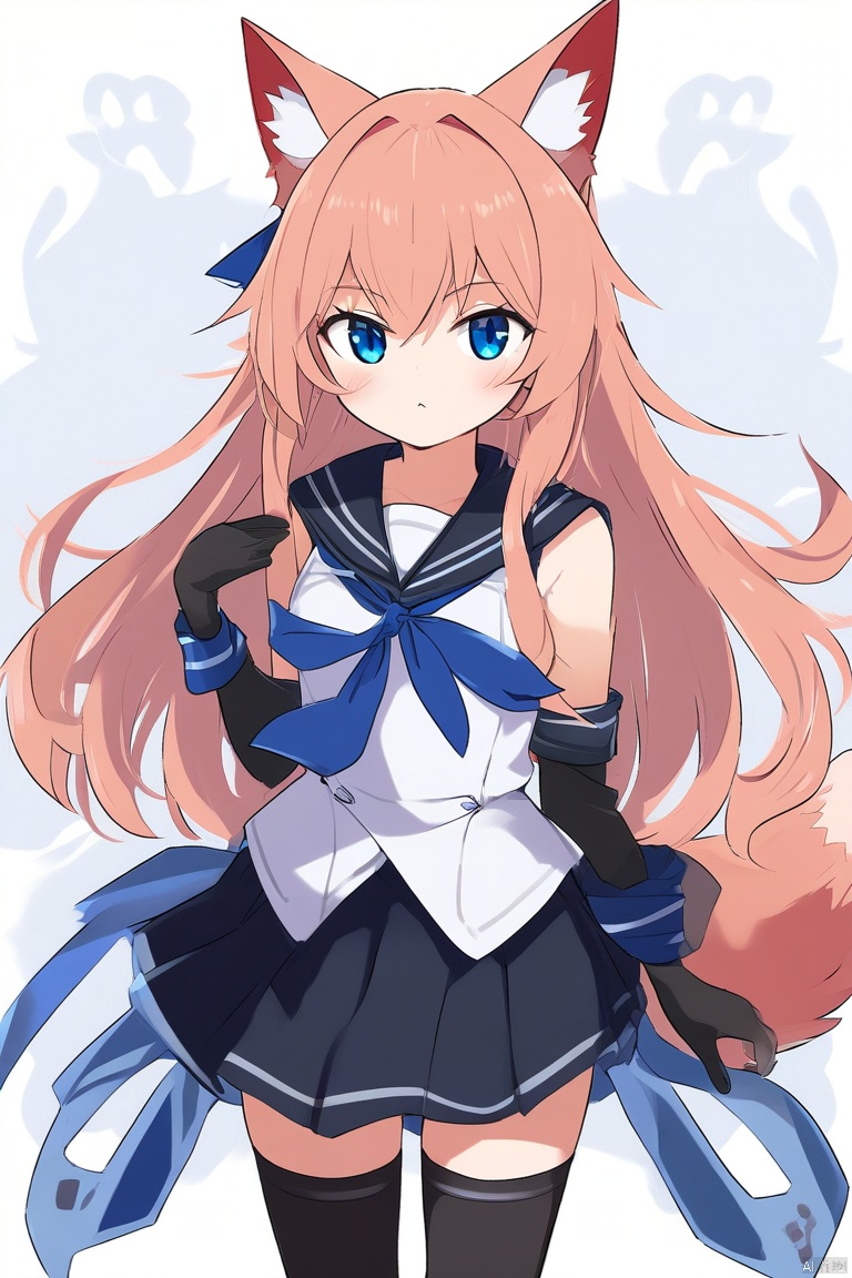杰作,1girl, animal_ears, bangs, black_gloves, black_legwear, black_skirt, blue_eyes, blue_neckerchief, dated, detached_sleeves, fox_ears, gloves, long_hair, looking_at_viewer, neckerchief, pleated_skirt, ribbon-trimmed_sleeves, ribbon_trim, sailor_collar, signature, simple_background, skirt, solo, tail, thighhighs, virtual_youtuber, white_background, wide_sleeves
,kka