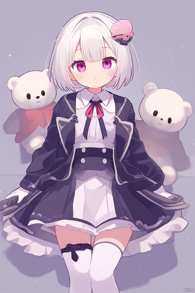 杰作,1girl, solo, short hair, gloves, skirt, white hair, pink eyes, stuffed animal, stuffed toy, teddy bear, looking at viewer, white gloves, kneehighs
,kka