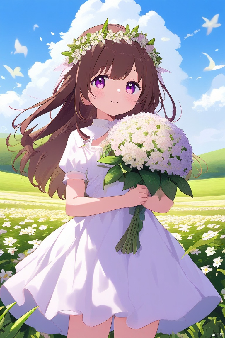 杰作,1girl, blue_flower, blue_sky, bouquet, breasts, brown_hair, closed_mouth, cloud, daisy, day, dress, field, flower, flower_field, grass, head_wreath, holding_bouquet, holding_flower, hydrangea, laurel_crown, lily_\(flower\), long_hair, looking_at_viewer, outdoors, petals, pink_flower, plant, purple_eyes, purple_flower, rose, sky, smile, solo, standing, sword, very_long_hair, white_dress, white_flower, white_rose, wreath
,kka