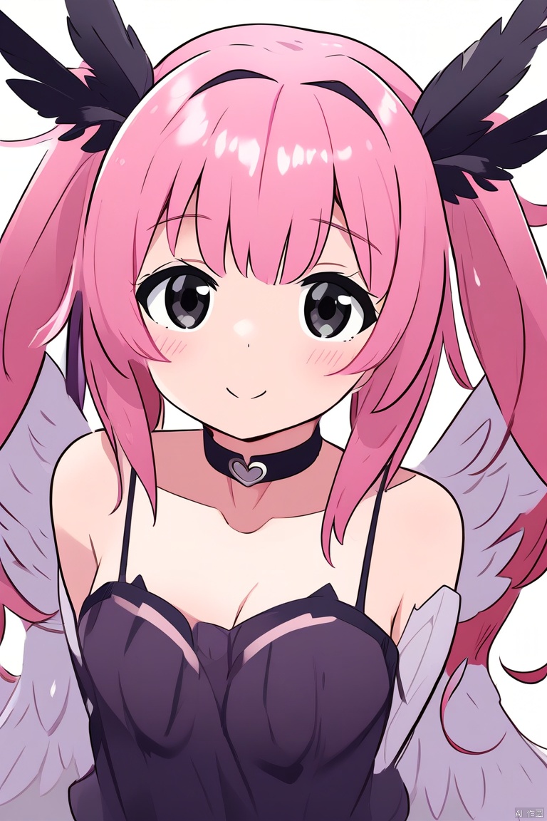 杰作1girl, bangs, bird, black_bow, black_feathers, black_wings, blush, bow, breasts, choker, closed_mouth, collarbone, eyebrows_visible_through_hair, feathered_wings, feathers, hair_bow, head_wings, long_hair, pink_hair, simple_background, solo, twintails, white_background, wings
,kka