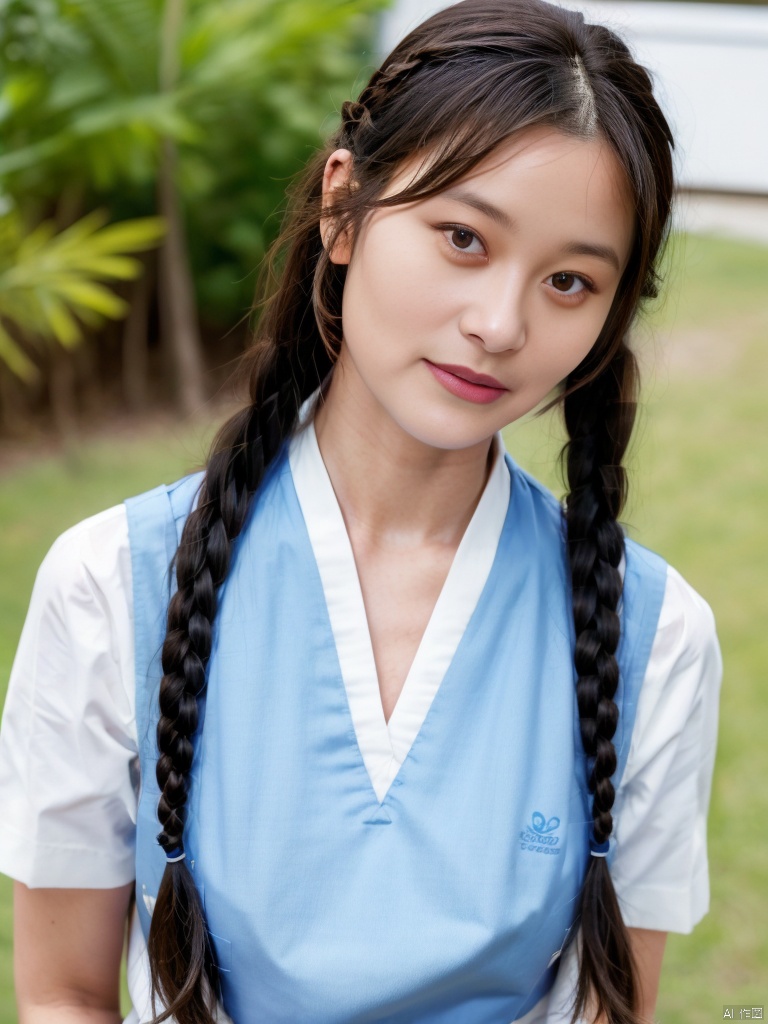 1girl, solo, long hair, bangs, brown hair, shirt, brown eyes, school uniform, upper body, braid, parted lips, serafuku, sailor collar, blurry, black eyes, twin braids, lips, neckerchief, blurry background, looking away, blue shirt, realistic, white neckerchief