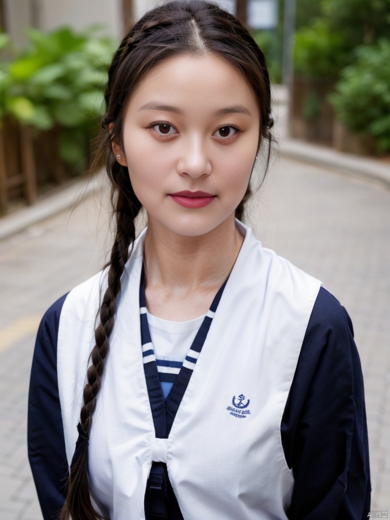 1girl, solo, long hair, bangs, brown hair, shirt, brown eyes, school uniform, upper body, braid, parted lips, serafuku, sailor collar, blurry, black eyes, twin braids, lips, neckerchief, blurry background, looking away, blue shirt, realistic, white neckerchief