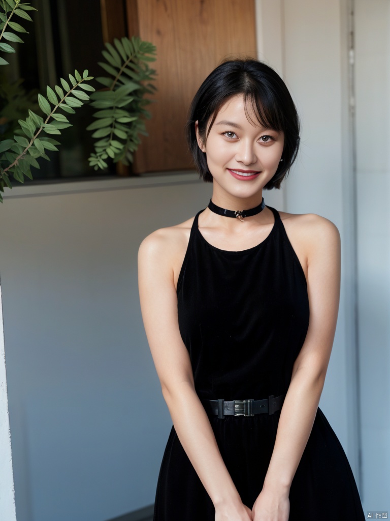 1girl, solo, looking at viewer, smile, short hair, black hair, dress, choker, belt, black eyes, lips, plant