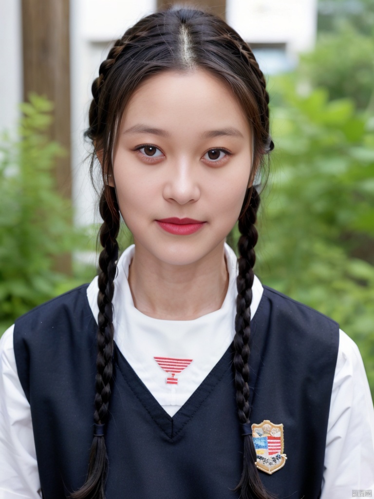 1girl, solo, long hair, bangs, brown hair, shirt, brown eyes, school uniform, upper body, braid, parted lips, serafuku, sailor collar, blurry, black eyes, twin braids, lips, neckerchief, blurry background, looking away, blue shirt, realistic, white neckerchief