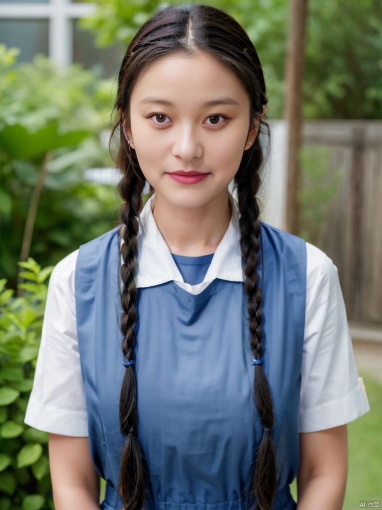 1girl, solo, long hair, bangs, brown hair, shirt, brown eyes, school uniform, upper body, braid, parted lips, serafuku, sailor collar, blurry, black eyes, twin braids, lips, neckerchief, blurry background, looking away, blue shirt, realistic, white neckerchief