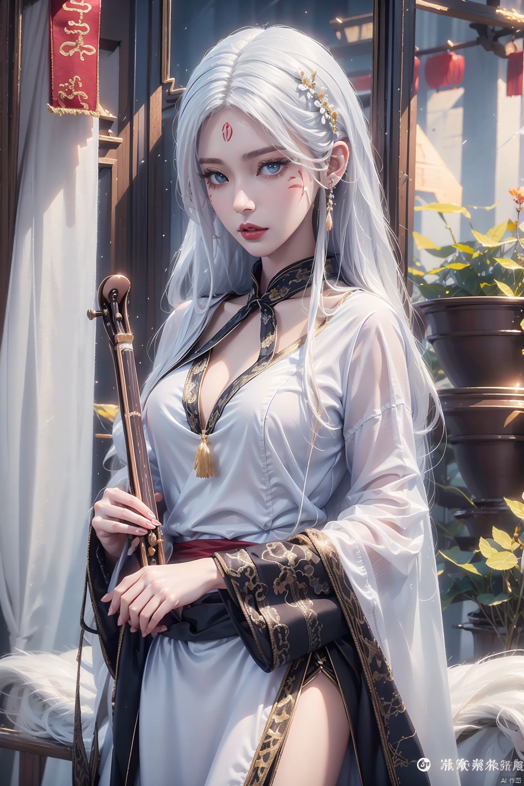  8K image., shinkai color,, ((poakl)),1girl, solo, long hair, breasts, blue eyes, hair ornament, dress, holding, white hair, white dress, facial mark, chinese clothes, instrument, forehead mark