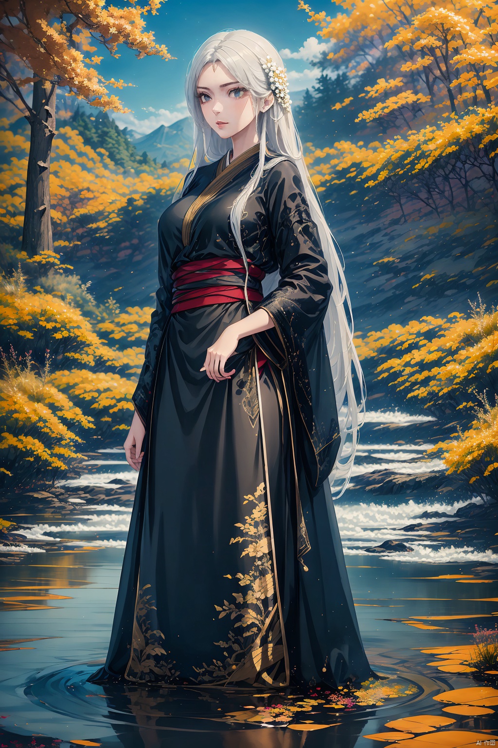 Ultra-clear 8K masterpiece: A stunning young woman with white hair and a beautiful hanfu outfit stands confidently outdoors, looking directly at the viewer. She wears a delicate hair ornament and holds an elegant umbrella, its fabric adorned with intricate designs. Her long hair flows down her back, with a small flower tucked behind her ear. The surrounding scenery features a serene tree, a tranquil water feature, and a hint of lush greenery. The overall atmosphere is one of refinement, poise, and understated elegance.