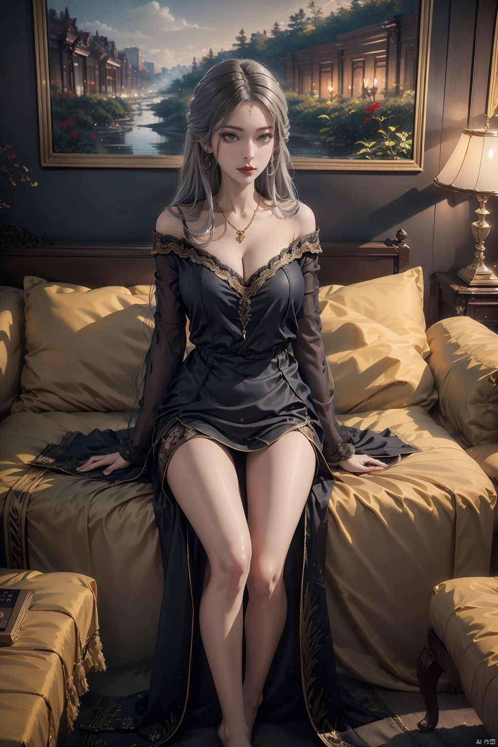 masterpiece, ultra-clear picture quality, real effect, 8k ultra-clear, fine picture effect,((poakl)),white hair,1girl, solo, long hair, breasts, looking at viewer, brown hair, hair ornament, dress, bare shoulders, brown eyes, jewelry, sitting, full body, earrings, barefoot, indoors, necklace, off shoulder, feet, lips, legs, bare legs, toes, couch, grey shirt, grey dress