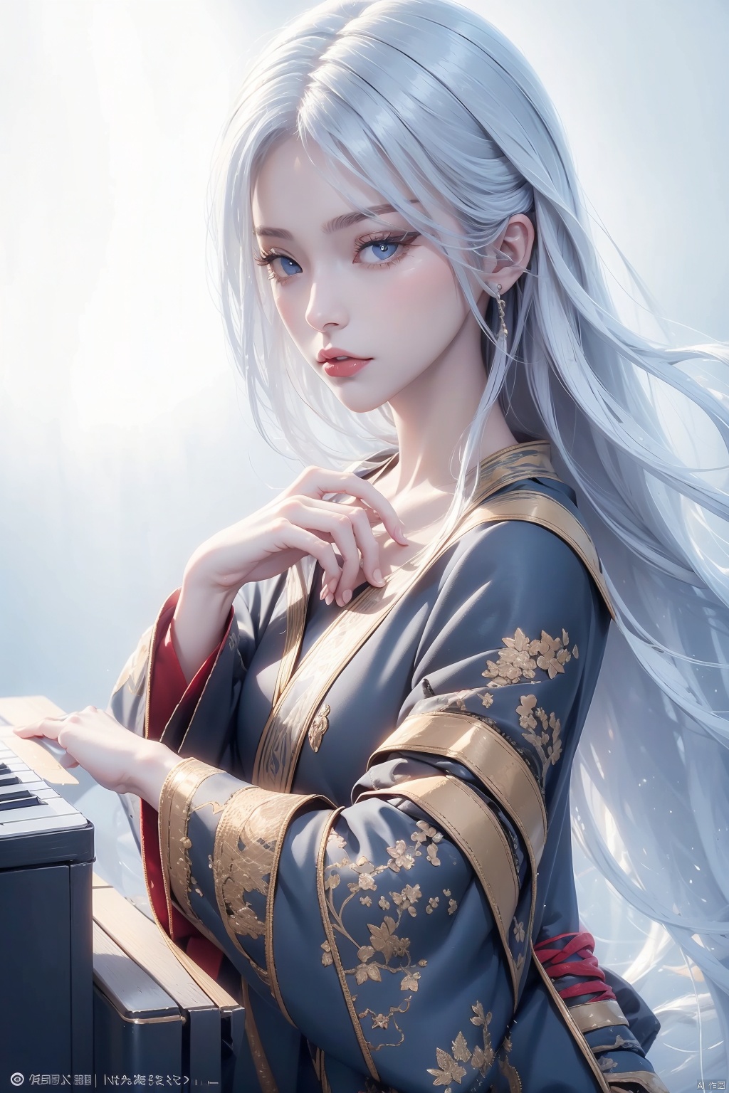  masterpiece, ultra-clear picture quality, real effect, 8k ultra-clear, fine picture effect,white hair,1girl, long hair, looking at viewer, blush, short hair, bangs, blue eyes, simple background,  long sleeves, 1boy, white background, hair between eyes, very long hair, closed mouth, upper body, hetero, japanese clothes, wide sleeves, twitter username, hug, couple, instrument, white kimono, piano, 1girl,yuzu