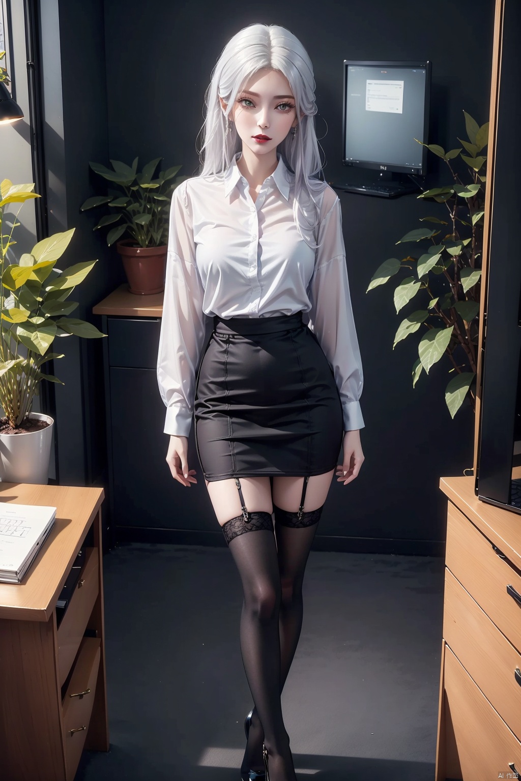  masterpiece, ultra-clear picture quality, real effect, 8k ultra-clear, fine picture effect, ((poakl)),1girl, solo, long hair, breasts, looking at viewer, skirt, shirt, thighhighs, long sleeves, jewelry, medium breasts, closed mouth, standing, full body, white shirt, purple hair, earrings, collared shirt, black thighhighs, indoors, miniskirt, black skirt, nail polish, black footwear, high heels, lips, zettai ryouiki, window, dress shirt, makeup, chair, table, crossed legs, plant, desk, pencil skirt, red lips, potted plant, office lady, computer, monitor, laptop, office,white hair