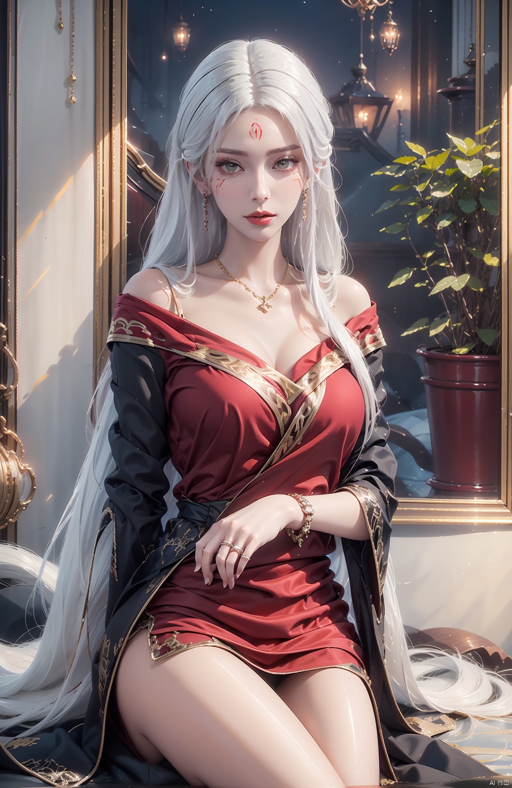  8K image., shinkai color,, ((poakl)),,white hair,1girl, solo, long hair, breasts, looking at viewer, large breasts, dress, jewelry, sitting, very long hair, white hair, earrings, off shoulder, bracelet, facial mark, red dress, ring, forehead mark