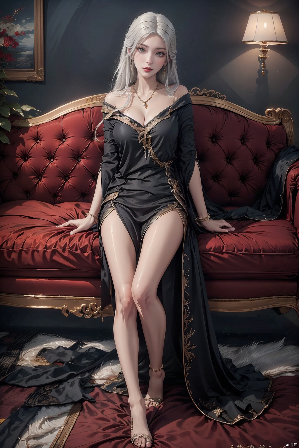  masterpiece, ultra-clear picture quality, real effect, 8k ultra-clear, fine picture effect,((poakl)),white hair,1girl, solo, long hair, breasts, looking at viewer, brown hair, hair ornament, dress, bare shoulders, brown eyes, jewelry, sitting, full body, earrings, barefoot, indoors, necklace, off shoulder, feet, lips, legs, bare legs, toes, couch, grey shirt, grey dress