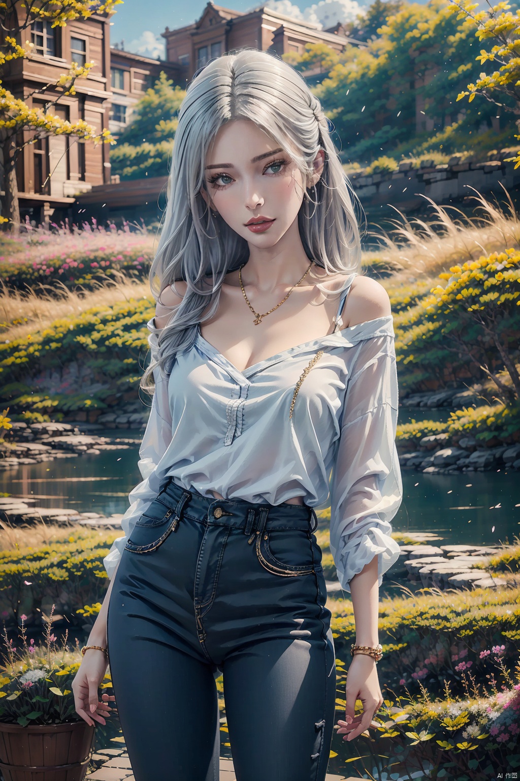  masterpiece, ultra-clear picture quality, real effect, 8k ultra-clear, fine picture effect, 1girl, solo, long hair, shirt,, holding, jewelry, standing, white shirt, flower, outdoors, day, pants, necklace, off shoulder, bag, bracelet, tree, lips, petals, denim, cherry blossoms, building, pink flower, jeans, handbag, ((poakl)),white hair