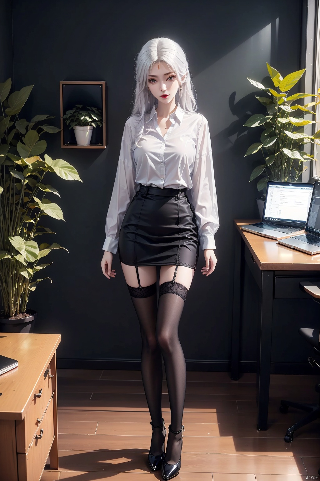  masterpiece, ultra-clear picture quality, real effect, 8k ultra-clear, fine picture effect, ((poakl)),1girl, solo, long hair, breasts, looking at viewer, skirt, shirt, thighhighs, long sleeves, jewelry, medium breasts, closed mouth, standing, full body, white shirt, purple hair, earrings, collared shirt, black thighhighs, indoors, miniskirt, black skirt, nail polish, black footwear, high heels, lips, zettai ryouiki, window, dress shirt, makeup, chair, table, crossed legs, plant, desk, pencil skirt, red lips, potted plant, office lady, computer, monitor, laptop, office,white hair