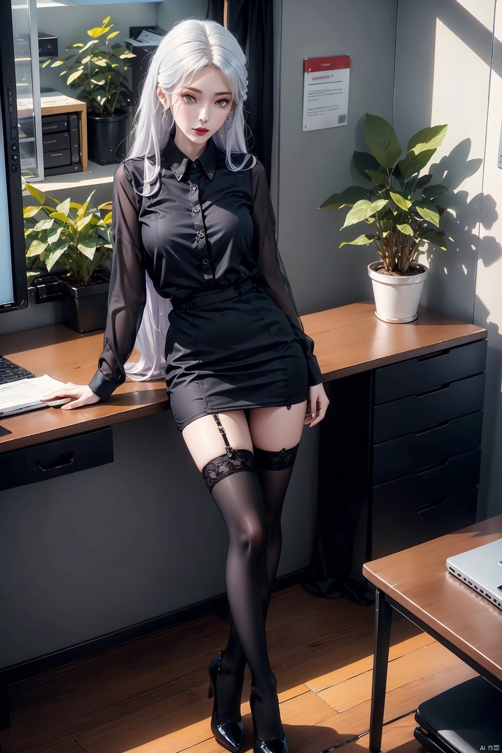  masterpiece, ultra-clear picture quality, real effect, 8k ultra-clear, fine picture effect, ((poakl)),1girl, solo, long hair, breasts, looking at viewer, skirt, shirt, thighhighs, long sleeves, jewelry, medium breasts, closed mouth, standing, full body, white shirt, purple hair, earrings, collared shirt, black thighhighs, indoors, miniskirt, black skirt, nail polish, black footwear, high heels, lips, zettai ryouiki, window, dress shirt, makeup, chair, table, crossed legs, plant, desk, pencil skirt, red lips, potted plant, office lady, computer, monitor, laptop, office,white hair