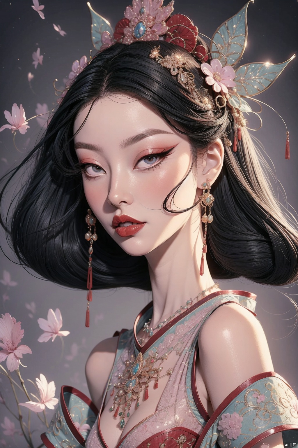 Visualize a ghost flower-inspired dress, embodying the essence of Huashen, on a solo girl with black hair and elegant hair ornaments.
The girl is adorned in traditional Chinese attire, with intricate jewelry and earrings complementing her outfit.
Her expression is serene with a closed mouth, and her hair appears to float gently around her, adding to the ethereal ambiance.
The setting is reminiscent of a mystical hell, enhancing the otherworldly quality of her appearance.
The image should be realistic, capturing a full-body portrait of her sitting, with a focus on the detailed makeup that completes her ghostly floral theme.