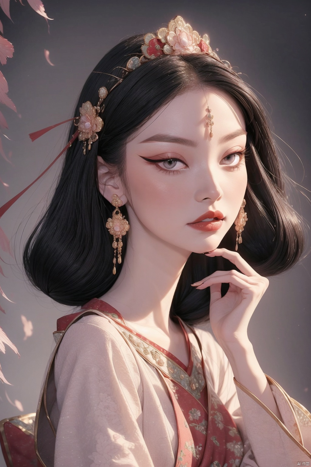 Visualize a ghost flower-inspired dress, embodying the essence of Huashen, on a solo girl with black hair and elegant hair ornaments.
The girl is adorned in traditional Chinese attire, with intricate jewelry and earrings complementing her outfit.
Her expression is serene with a closed mouth, and her hair appears to float gently around her, adding to the ethereal ambiance.
The setting is reminiscent of a mystical hell, enhancing the otherworldly quality of her appearance.
The image should be realistic, capturing a full-body portrait of her sitting, with a focus on the detailed makeup that completes her ghostly floral theme.