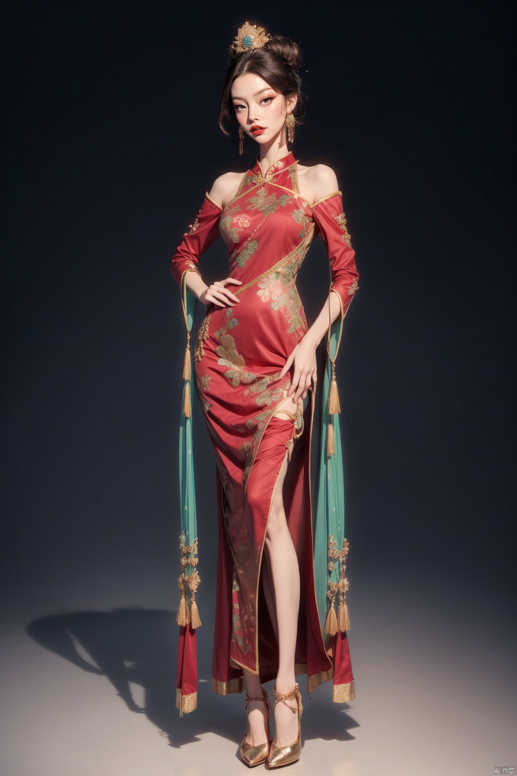 a girl in traditional dress while with a flowered design on it,1girl, solo, long hair, black hair, hair ornament, long sleeves, holding, jewelry, upper body, earrings, hair bun, Chinese clothes, red dress, realistic, looking at viewer, full body,long legs,high heels,gradient background