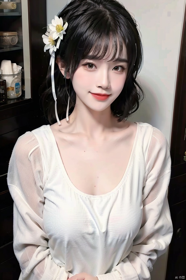 1girl, solo, short hair, looking at viewer, smile, bangs, hair ornament, long sleeves, white dress, hair between eyes, grey hair, hairband, black gloves, white flower on her head, a black tie sticking her breast, middle breast,depth of field
