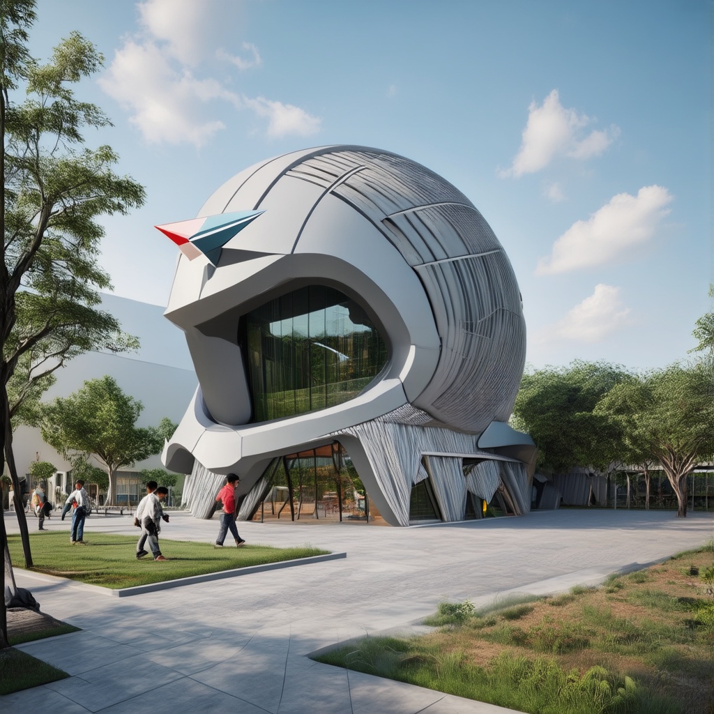 A 3D render of a modern public building with a unique helmet-shaped design,  inspired by Vietnam's historical architecture...