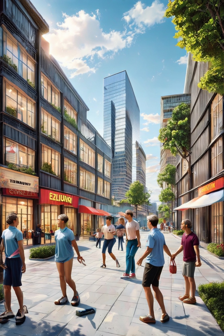 This image is designed to evoke a sense of community and vibrancy through the depiction of diverse businesses and people e...