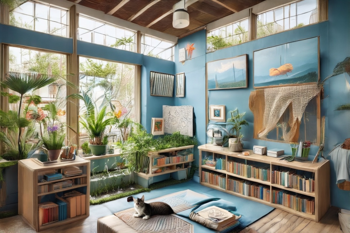 A serene bedroom setting: warm blue hues illuminate the space as natural light pours in through large windows,  framing a...