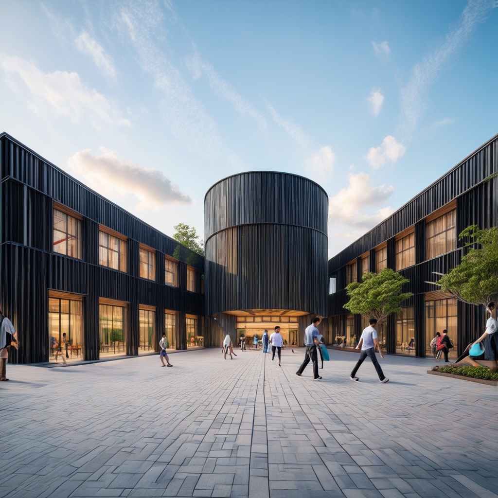 A 3D render of a modern public building,  inspired by Vietnam's historical architecture. The building features sleek,  con...
