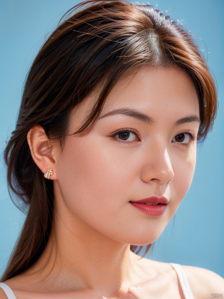1girl, solo, looking at viewer, smile,  brown hair,  brown eyes, jewelry, closed mouth, upper body, earrings, lips, blue background, portrait, realistic, nose