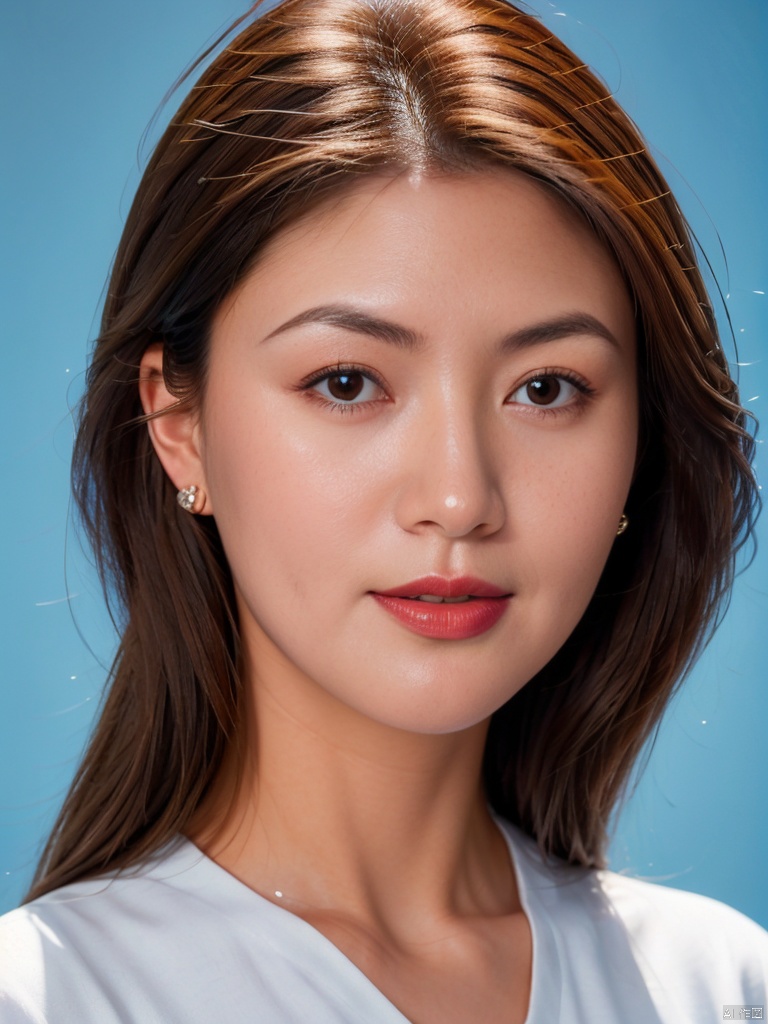 1girl, solo, looking at viewer, smile,  brown hair,  brown eyes, jewelry, closed mouth, upper body, earrings, lips, blue background, portrait, realistic, nose