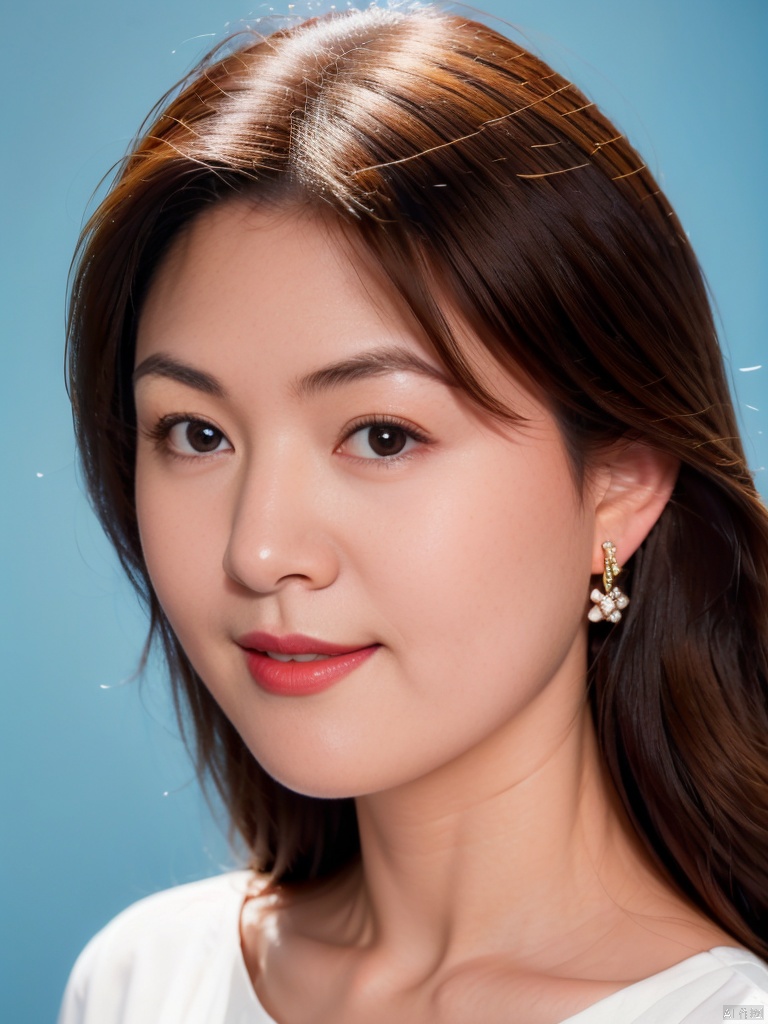 1girl, solo, looking at viewer, smile,  brown hair,  brown eyes, jewelry, closed mouth, upper body, earrings, lips, blue background, portrait, realistic, nose