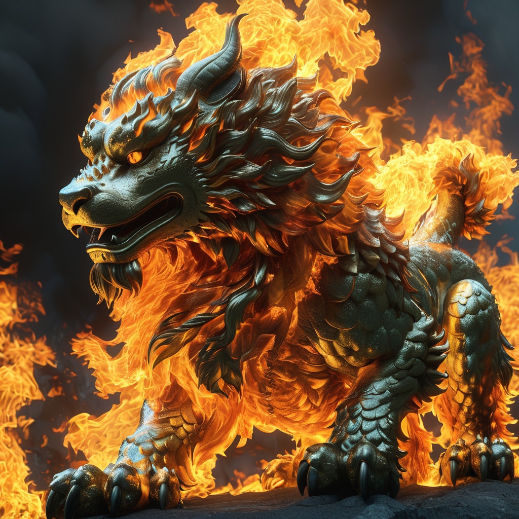 a cinematic shot of a burning fantasy mythical foo dog,  fire,  hyper detailed on Tensor.Art