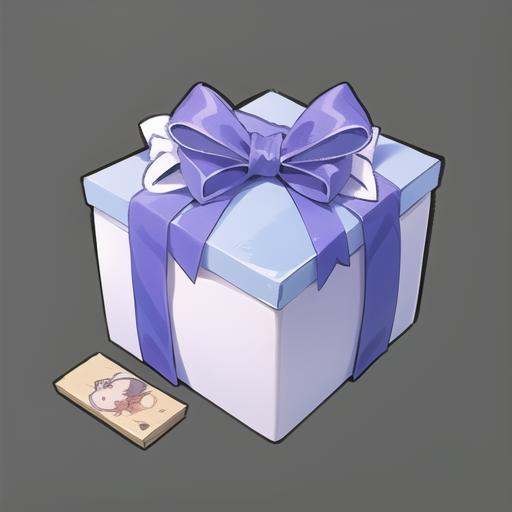 (masterpiece, top quality, best quality, official art, beautiful and aesthetic:1.2),(8k, best quality, masterpiece:1.2),((( Grey Background, solid color background))) <lora:GMIC icon_2dv1.0:0.85>,game icon  institute_\(icon\), a blue gift box with a purple bow and a card inside it with a picture of a baby on it, blue bow, bow, box, brown hair, grey background, in container, long hair, open mouth, simple background, moroboshi kirari