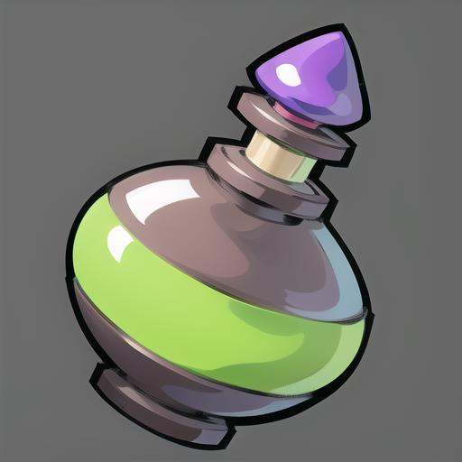(masterpiece, top quality, best quality, official art, beautiful and aesthetic:1.2),(8k, best quality, masterpiece:1.2),((( Grey Background, solid color background))) <lora:GMIC icon_2dv1.0:0.85>,game icon  institute_\(icon\), a cartoon style bottle with a purple top and green cap on it's top and a purple cap on the top, brown background, closed mouth, gradient, gradient background, grey background, shiny, shiny skin, simple background, solo