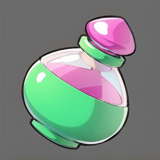 <lora:gmic ico_2d1.2-000012:0.5>,game icon  institute_\(icon\), a bottle with a pink top and a green cap on it's top and bottom half of the bottle is a gray background, grey background, heart, no humans, shiny, shiny skin, simple background