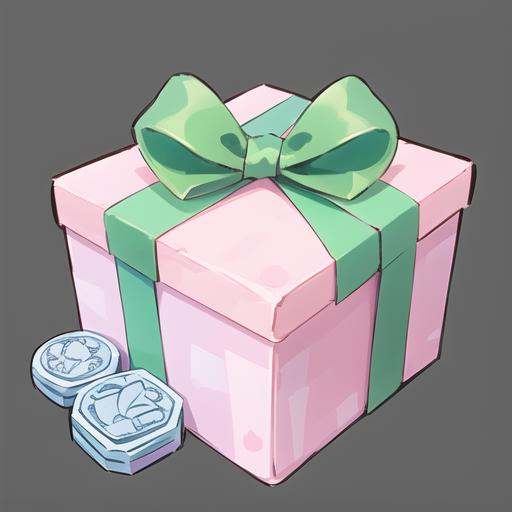 <lora:gmic ico_2d1.2-000012:0.5>,game icon  institute_\(icon\), a pink gift box with a green bow and a pair of blue rubber stamps around it and a green ribbon, black background, bow, box, brown background, gradient, gradient background, grey background, shiny, simple background, solo, sparkle