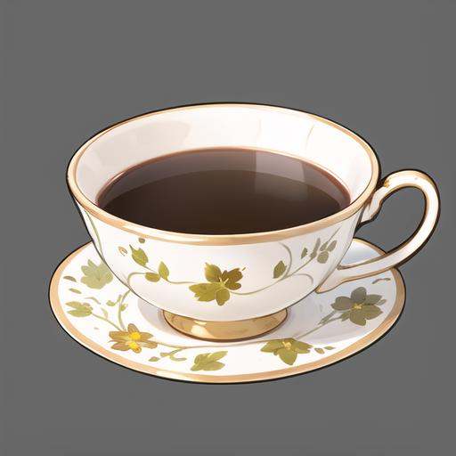<lora:gmic ico_2d1.2-000012:0.5>,game icon  institute_\(icon\),a cup of coffee with a saucer on a gray background with a flower pattern on it and a gold rim,black background,cup,floral print,grey background,no humans,shiny,simple background,white flower,