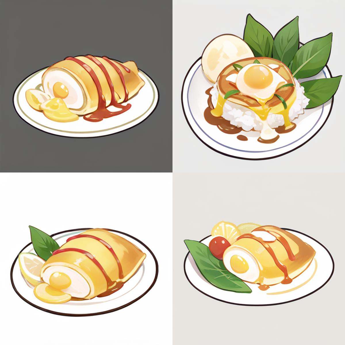 gmic_\(2dguofeng\), A plate of food with an egg on it and a vegetable leaf on the side, on a white background, butter, egg, food, food focus, fried egg, lemon, omelet, omurice, pancake, plate, rice, white background, simple background