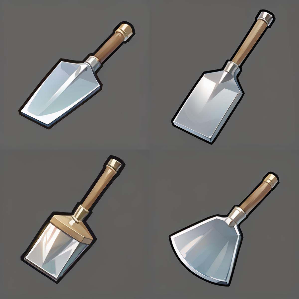 gmic_\(2dguofeng\), there is a metal shovel with a wooden handle and a wooden handle, simple background, white background, no humans, transparent background, reflection, still life
