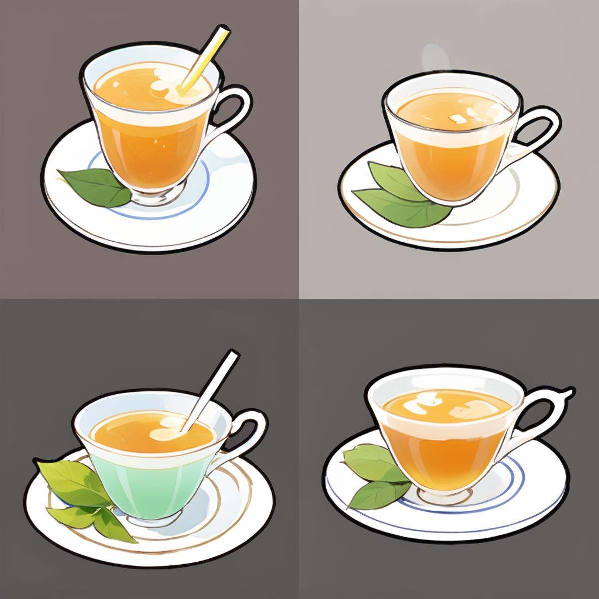 gmic_\(2dguofeng\),A cup of tea with a leaf on top and a saucer on the bottom,cup,drink,drinking glass,drinking straw,food,leaf,white background,simple background,