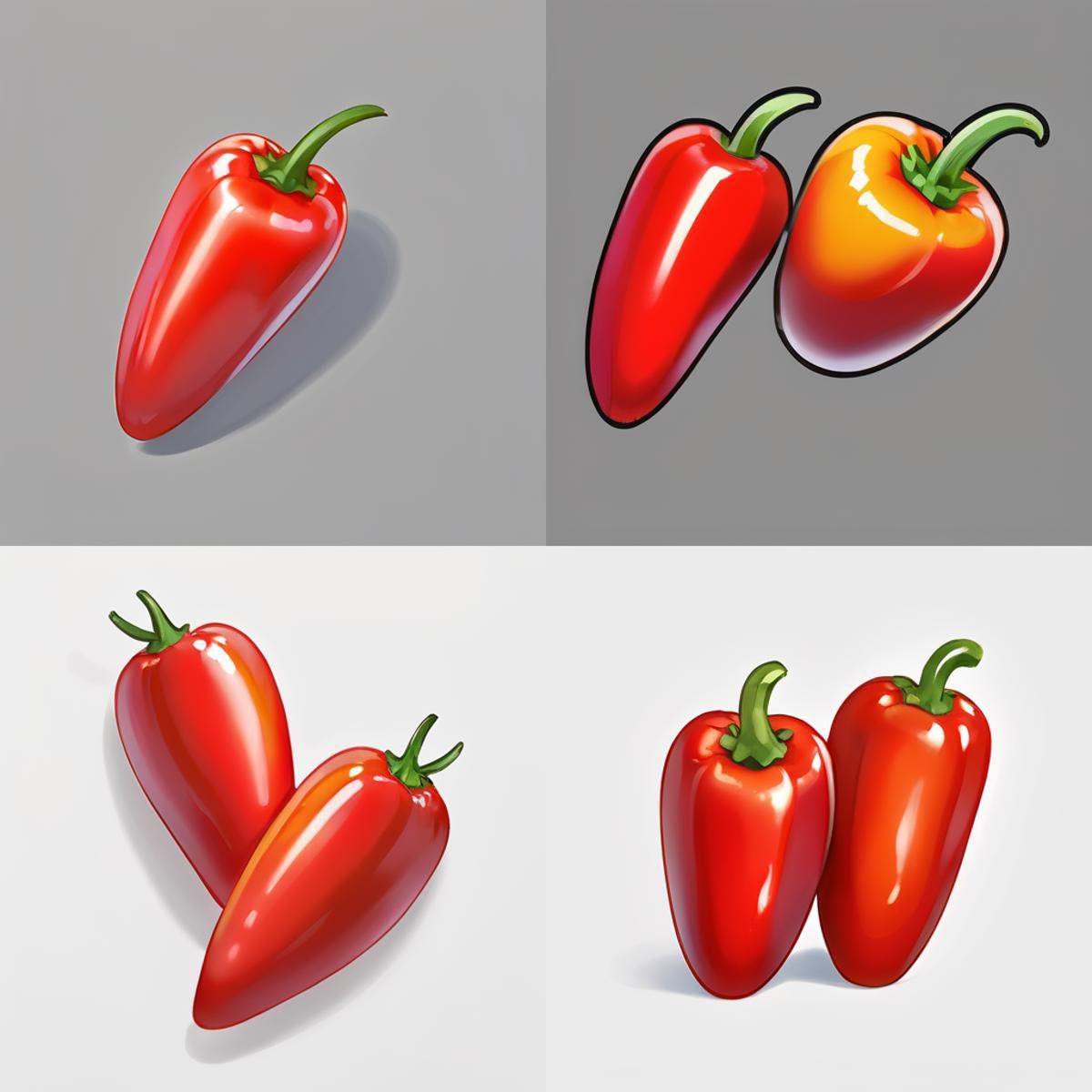 gmic_\(2dguofeng\), two red peppers on a white background with a shadow of the pepper on the bottom of the picture and the top of the pepper on the bottom of the picture, blurry, depth of field, food, white background, simple background