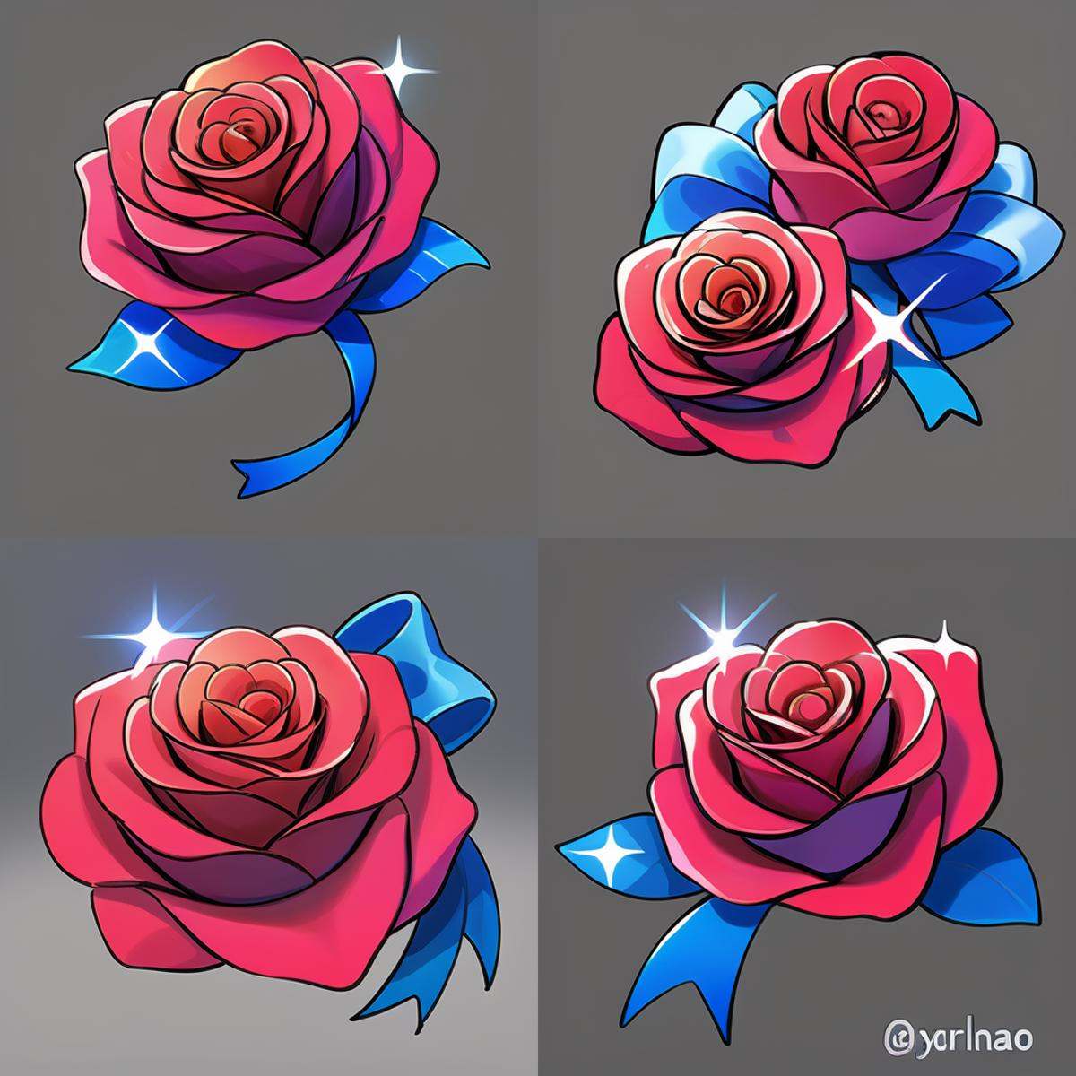 gmic_\(2dxiantiao\), a red rose with blue ribbon on a gray background with stars and a bow around it's neck, artist name, flower, gradient, gradient background, grey background, red flower, red rose, rose, shiny, simple background, solo, sparkle, sparkle background